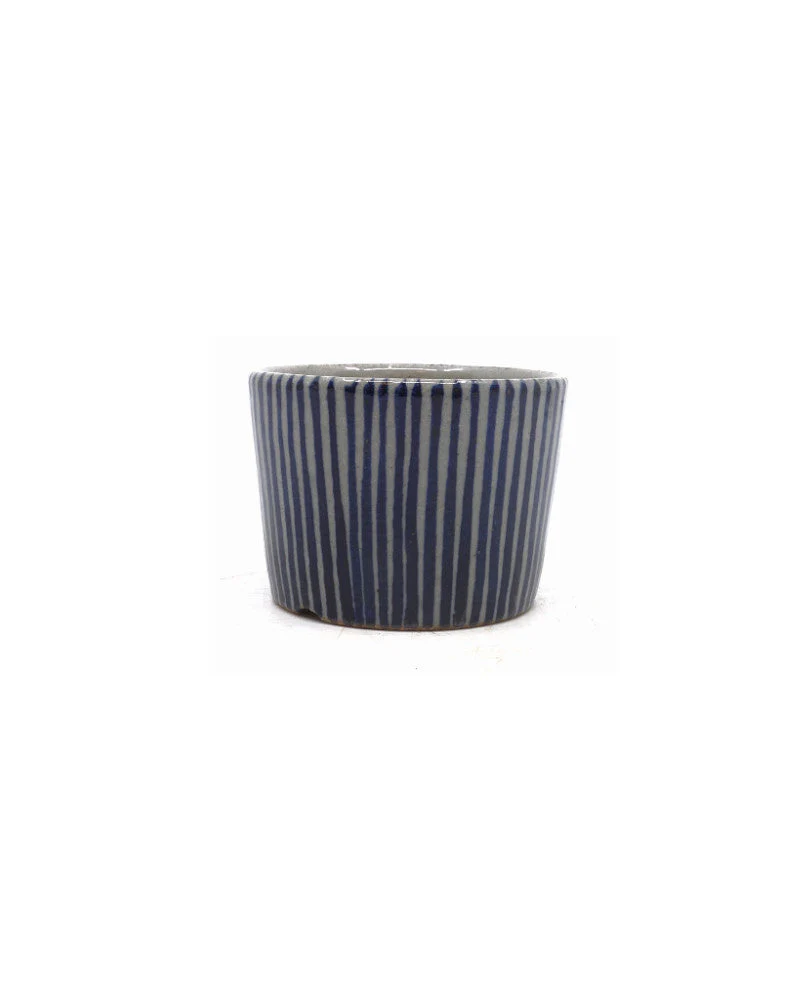 Shohin Bonsai pot handgeschilderd blauwe strepen rond 9cm - Image 4