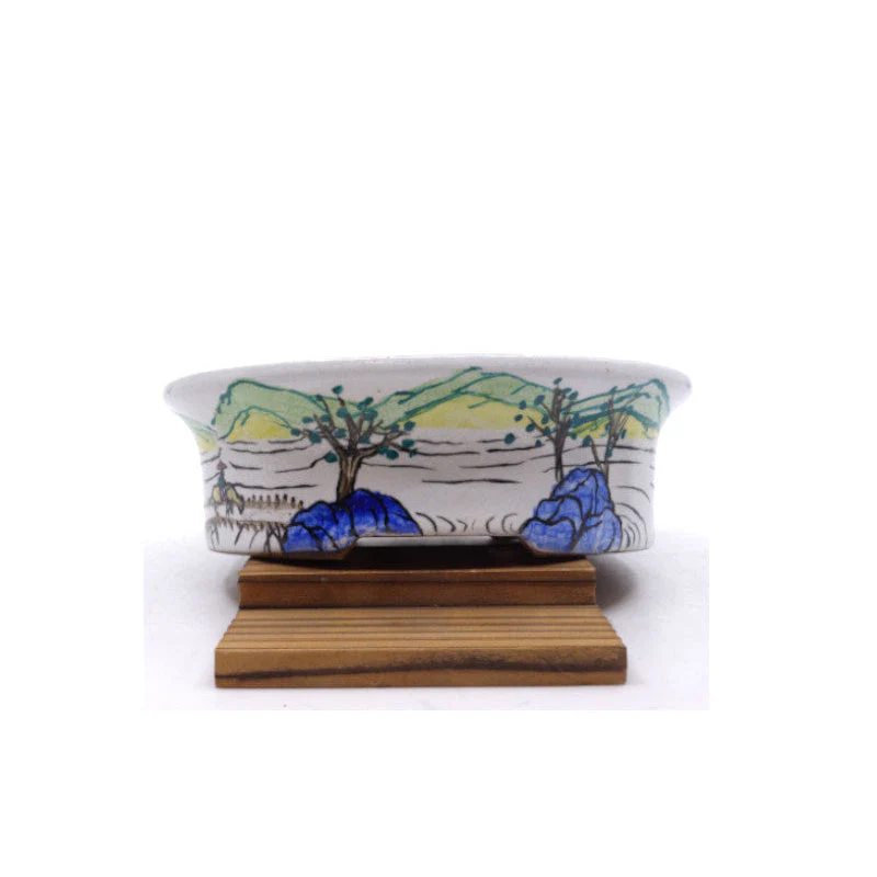Bonsai pot handgeschilderde landschap blauw ovaal 16cm - Image 5