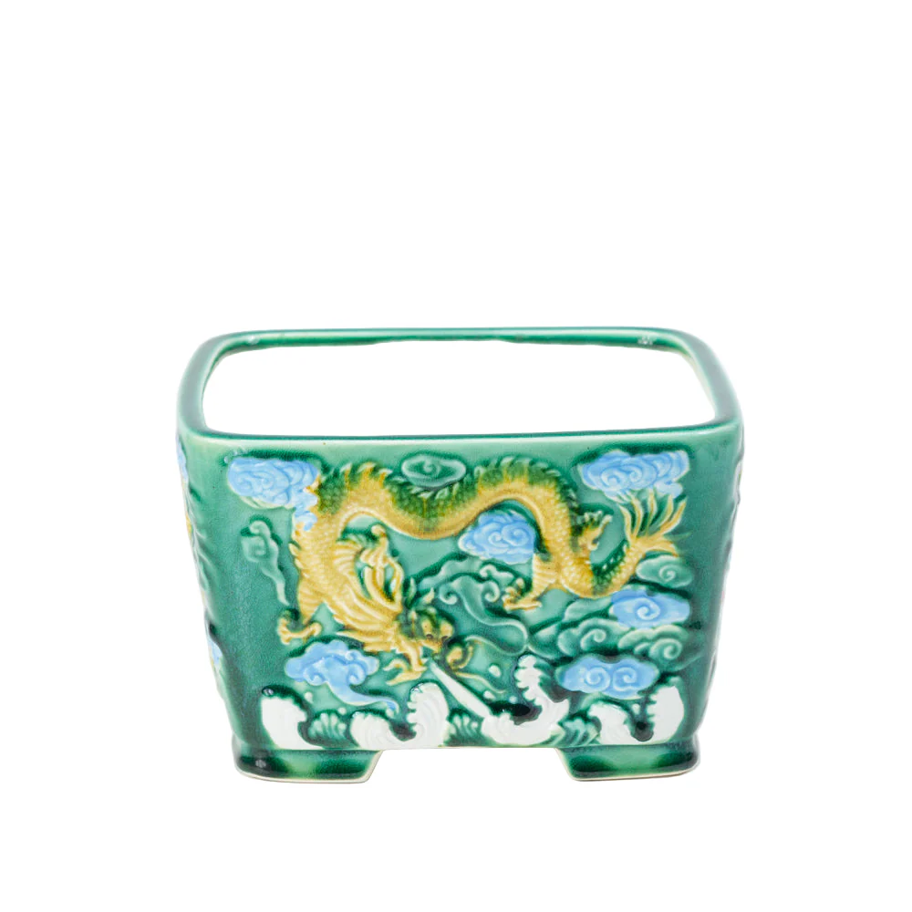 Bonsai Yixing pot groen draak vierkant 21cm