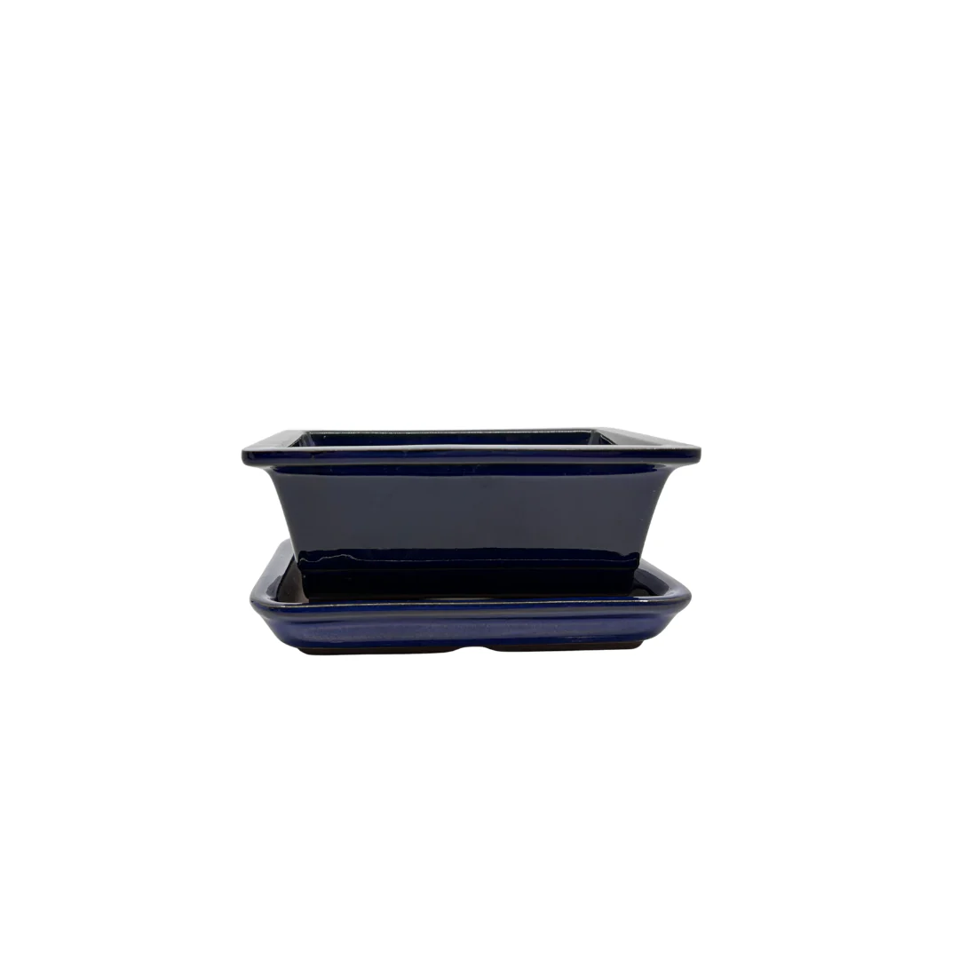 Bonsai pot set - rechthoekig, geglazuurd, blauw (14cm breed)