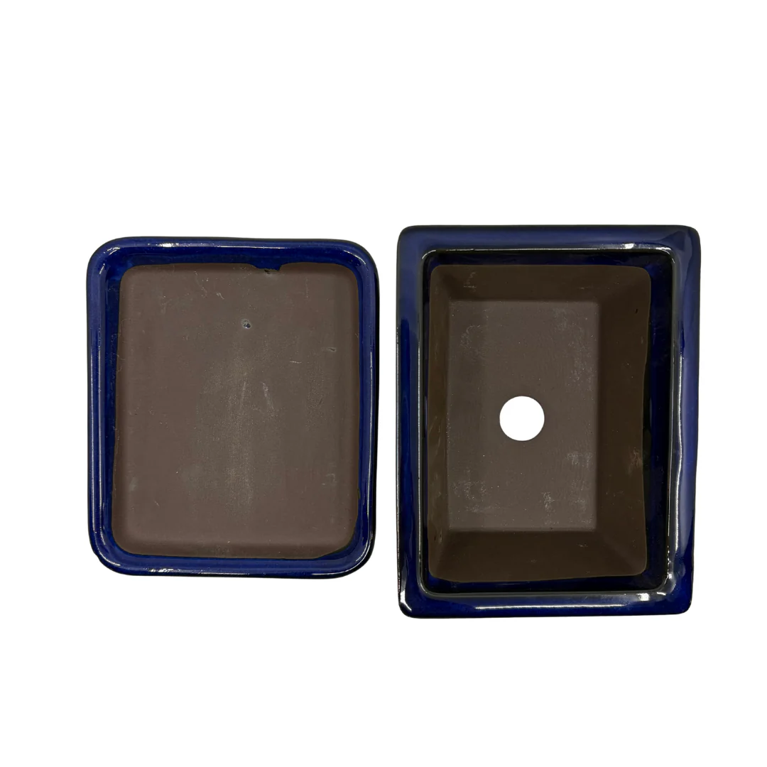 Bonsai pot set - rechthoekig, geglazuurd, blauw (14cm breed) - Image 6