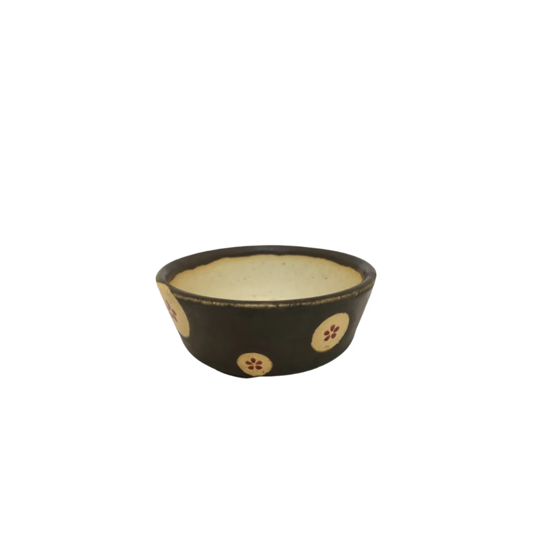 Shohin bonsai pot bruin met creme/rode bloemen rond 7cm