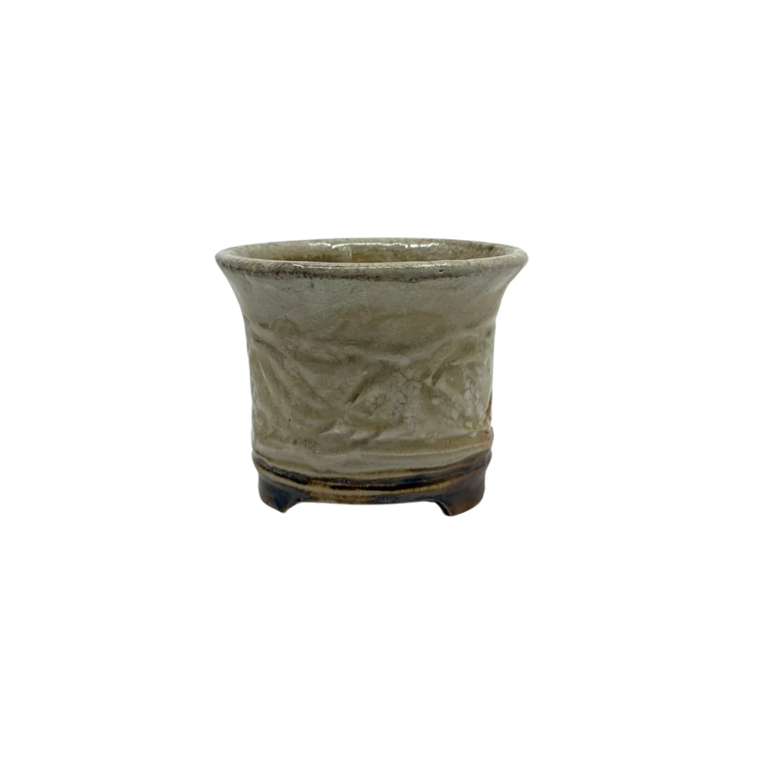 Shohin Bonsai pot crème met gekruiste lijnen René Lecocq 9cm